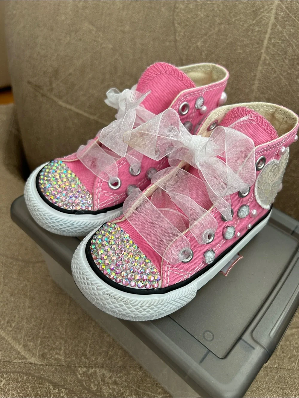 Converse Kids Pink High-Top Sneakers with Rhinestone Toe & Pearl Accents